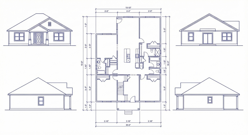 Residential floor plan and exterior elevation drawings with dimensions