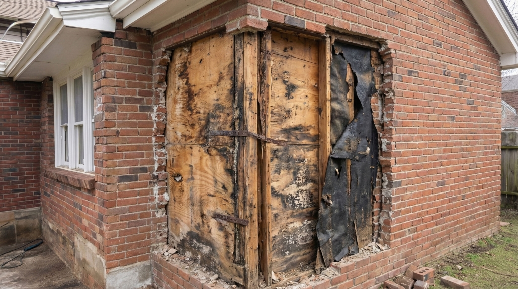 Concrete wall cracking with exposed reinforcing steel and marked repair area