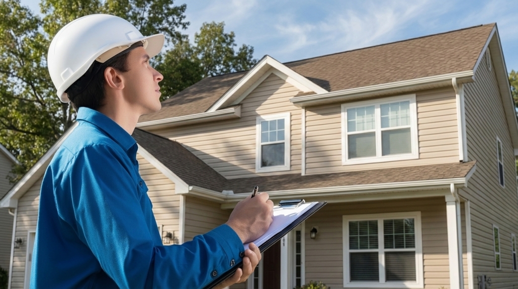Structural inspection professional conducting a field evaluation of a residential home exterior
