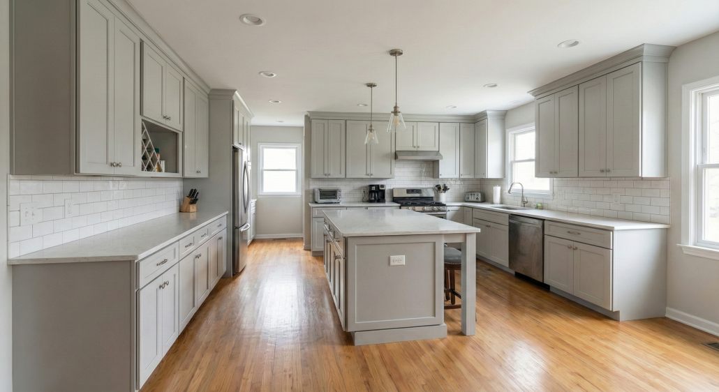 Renovated residential kitchen with updated cabinetry, island, and natural light