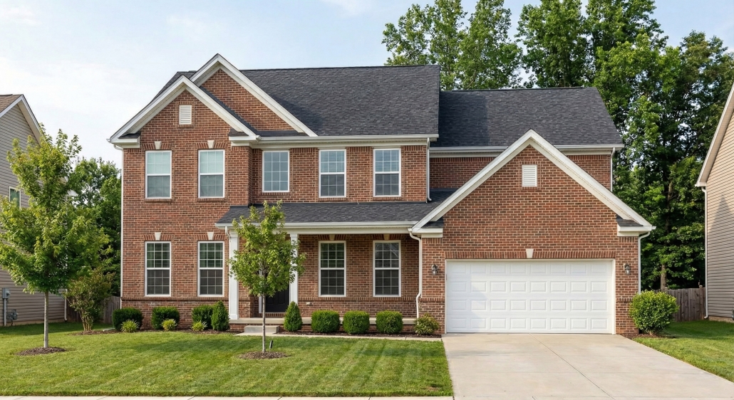 Two-story brick single-family home with attached garage and landscaped front yard